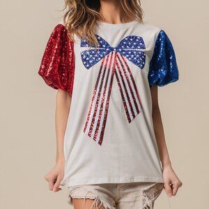 USA Graphic Shirt for Women, Sparkly 4th of July Top with Bow Detail for Festive